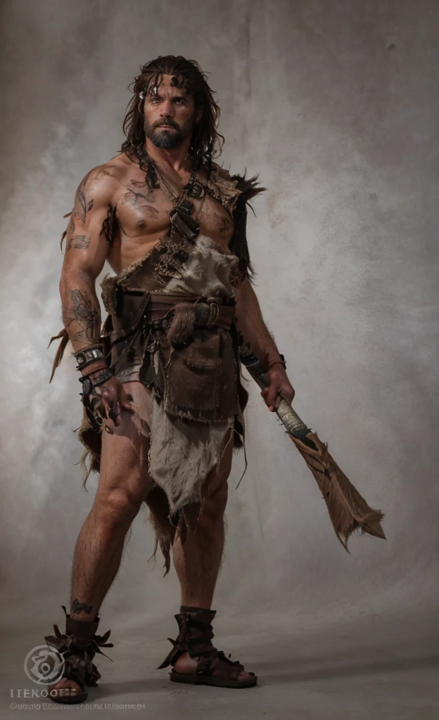 wild and robust looking prehistoric warrior, with a medium height and a muscular body, evidencing a life of survival and combat. Your face has a square and strong shape, with a prominent jaw that adds an air of determination and strength. He sports a full, black beard, and her long, shaggy hair falls over her shoulders. A red feather is stuck in her hair, standing out as a symbol of status or victory.

He wears a rudimentary tunic made from animal skins., which partially covers your torso and leaves one of your shoulders and part of your chest exposed. The skin is roughly stitched, indicating that it was made by hand with materials available in nature. Your waist is wrapped by a leather belt that secures the skin around your body., with a larger piece of skin hanging, serving as a kind of skirt.

in the arms, he has leather bracelets adorned with animal bones and teeth, giving it an even wilder look. Nas pernas, he wears skin and leather protections, with sandals tied with straps that go up to the calves. His legs are muscular and have scars, evidence of past battles and adventures.

He holds a large wooden club, rough and worn, but clearly an effective weapon for close combat. His expression is fierce and vigilant, always ready to face any threat. The presence of the red feather on its head adds an element of distinction., suggesting a position of respect or leadership within your tribe.
