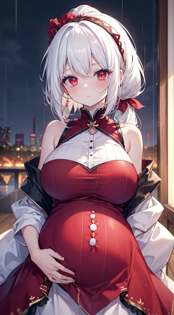 (Maximum quality)，(Depth of Field)，(whole body)，charming，Rich details，1 Girl，(White hair)，Second Dimension，Long Ponytail，Pale red eyes，Red hair accessories，sleeveless，Shoulders open，Crop Topping，Put your hands behind your back，sideways，[blush]，poker face，，night，rain，rainbow，(pregnant，Huge breasts：1.8)