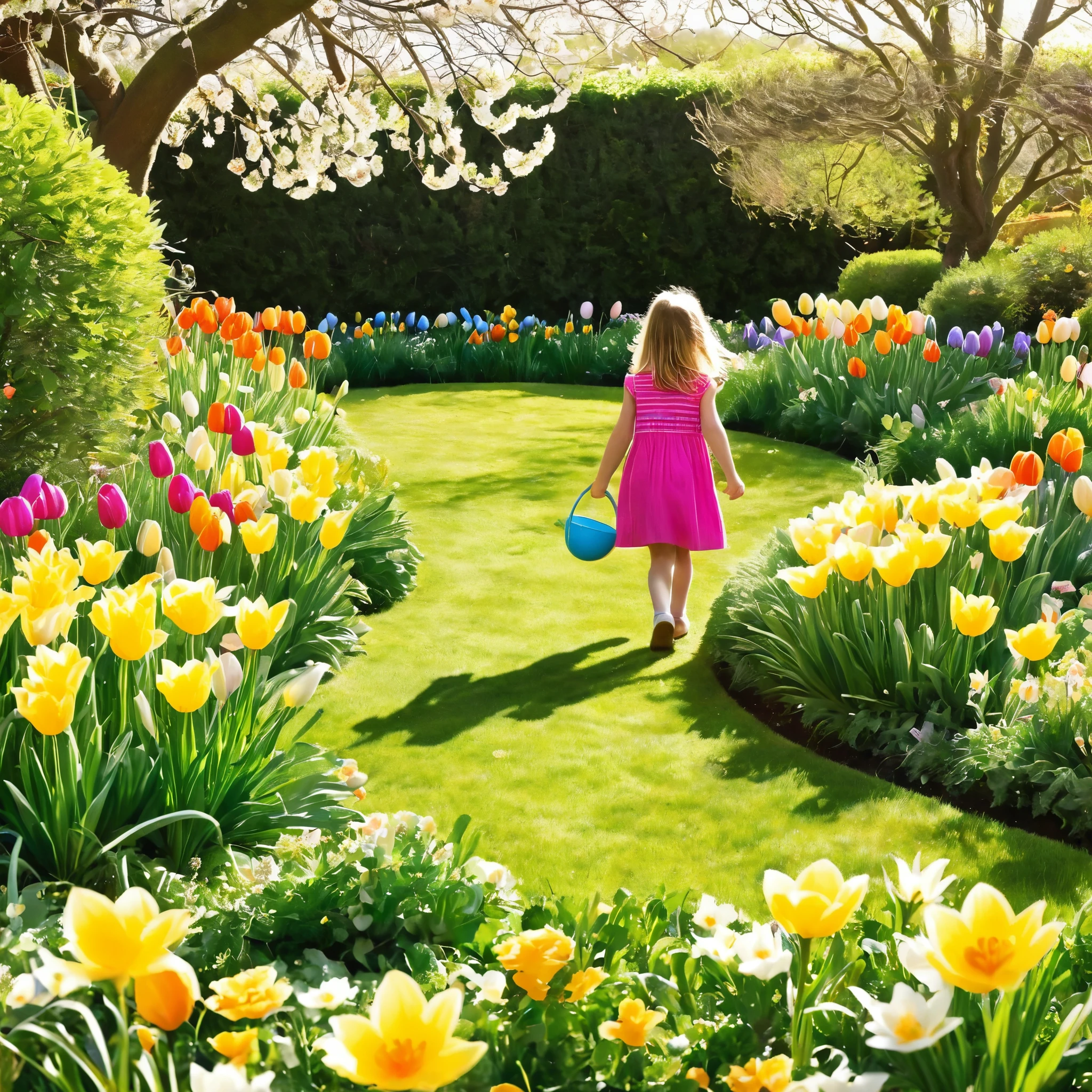 Illustrate a vibrant Easter egg hunt in a sun-drenched garden, with children searching for hidden eggs among blooming flowers.