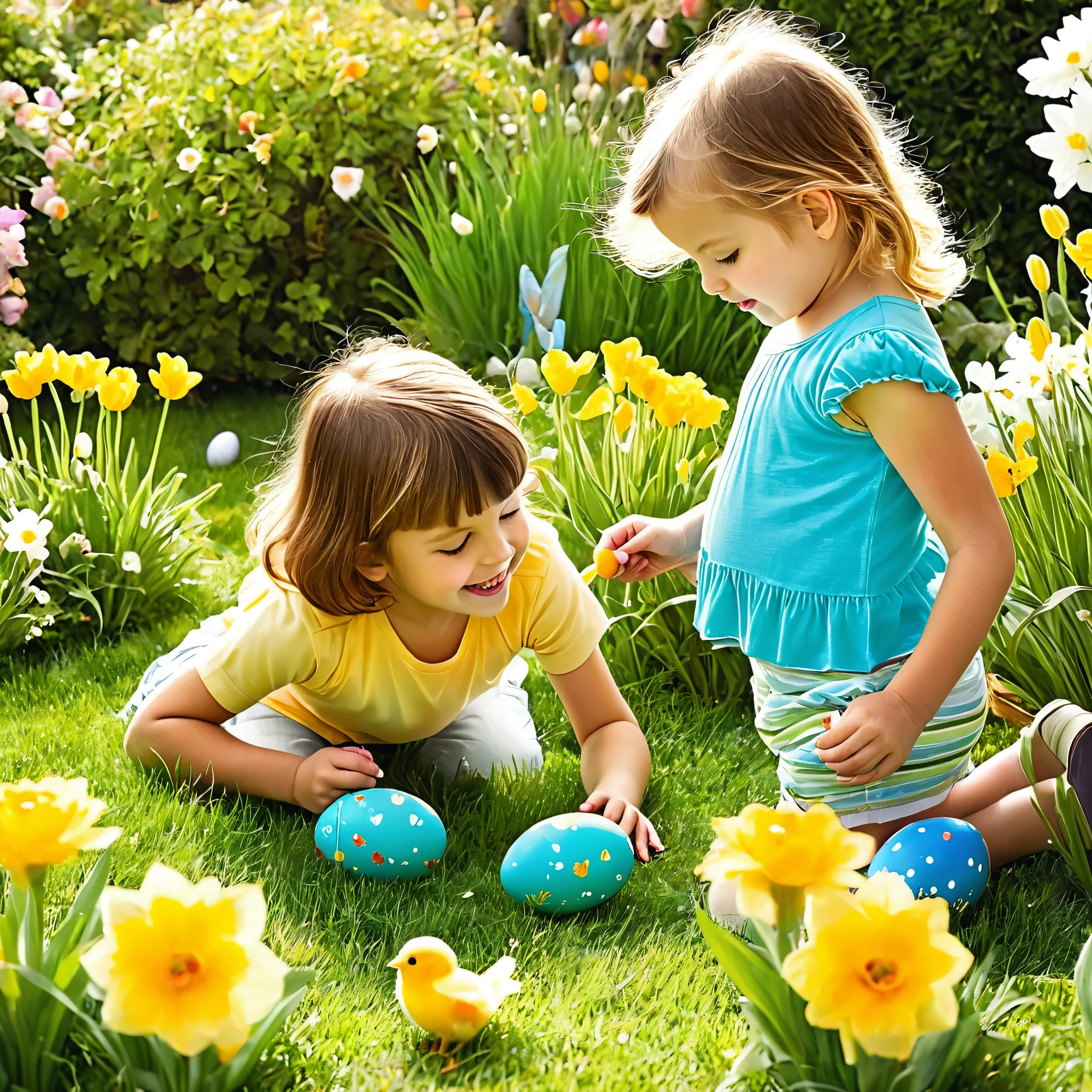 Illustrate a vibrant Easter egg hunt in a sun-drenched garden, with ren searching for hidden eggs among blooming flowers.