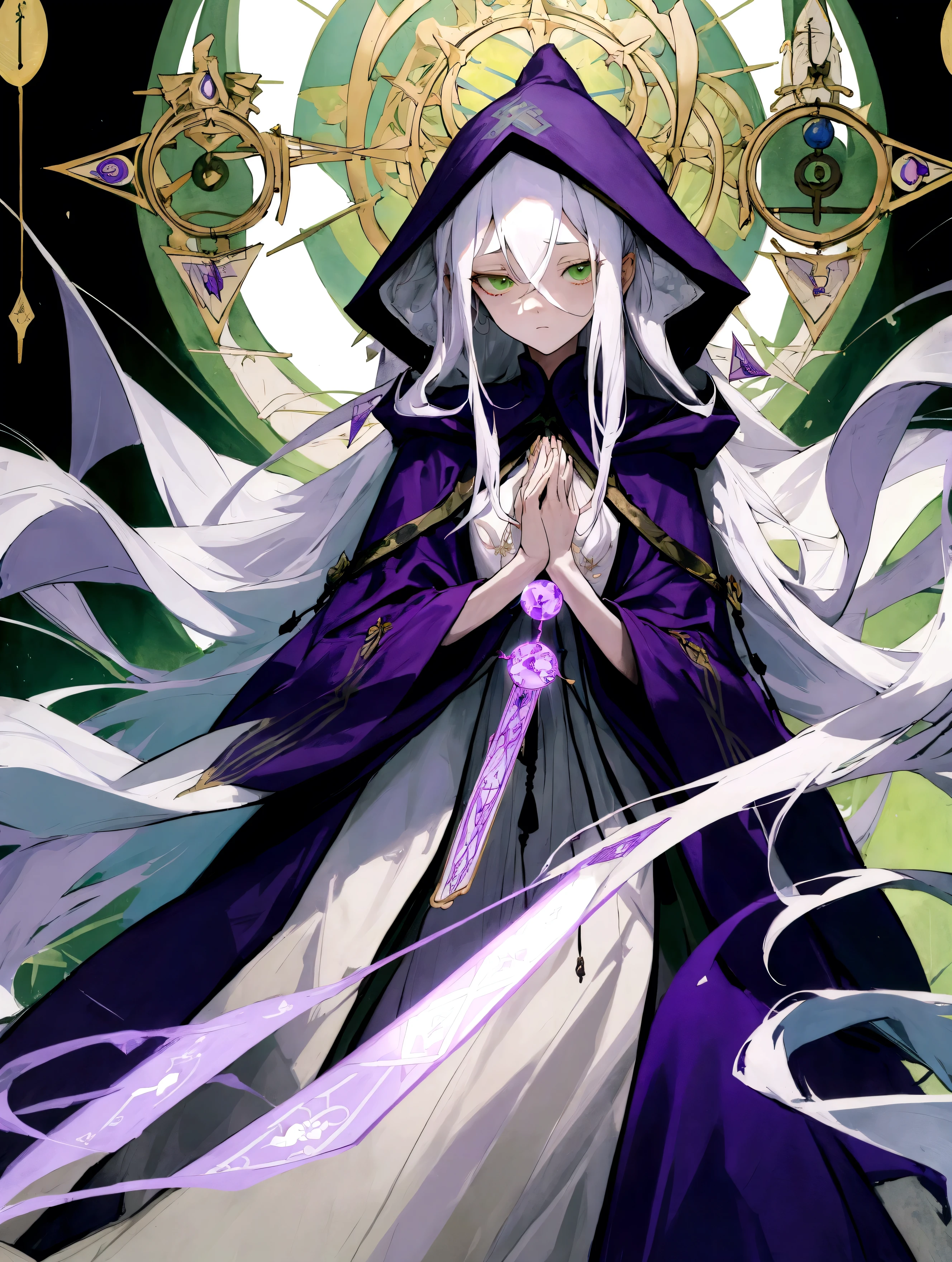 full-length, girl, long purple robe dress, hands made of tarot cards, long white hair, tired green eyes, hood, medium chest, slim figure