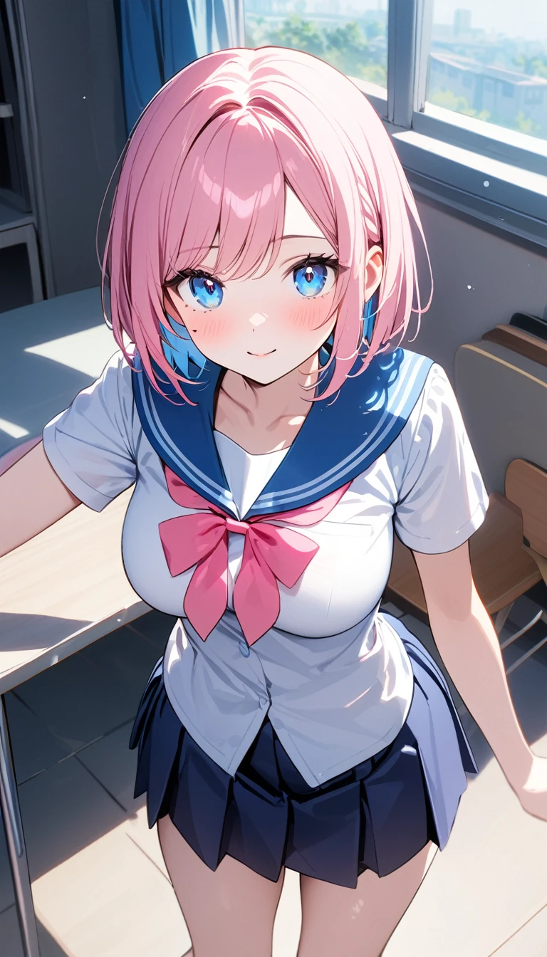 (1 girl),(Best Picture Quality, 8K, Masterpiece:1.3), (high school student:1.5), (pink lob hair:1.1), [skyblue hair:0.1], (bob cut),(swept bangs), (cute eyes, pupil black, iris skyblue, youthful face), (mole under right eye), (standard weight), (medium breasts), (super clear:1.5), (glistening skin:1.1),(pale skin:1.2), breake, ((school uniform, white short simple sleeve shirt, darkblue skirt, pink ribbon)).