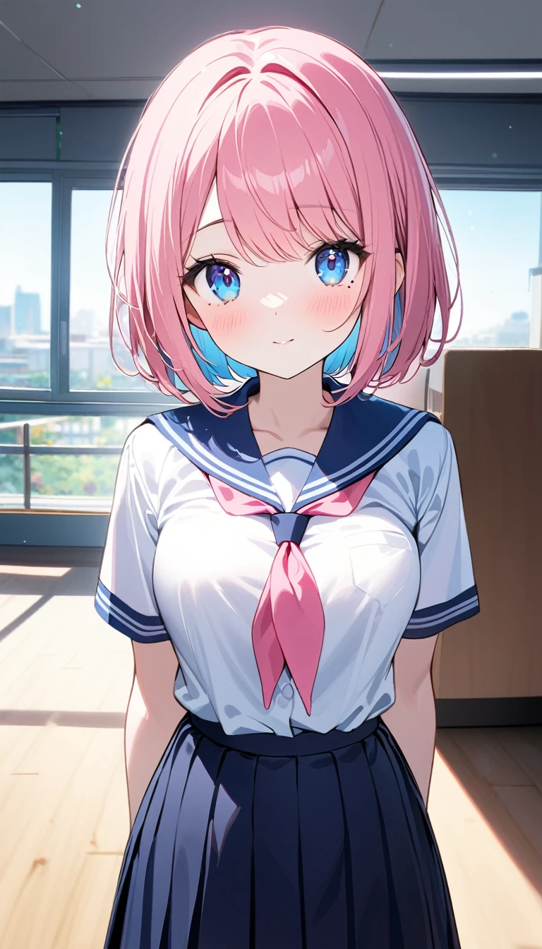 (1 girl),(Best Picture Quality, 8K, Masterpiece:1.3), (high school student:1.5), (pink lob hair:1.1), [skyblue hair:0.1], (bob cut),(swept bangs), (cute eyes, pupil black, iris skyblue, youthful face), (mole under right eye), (standard weight), (medium breasts), (super clear:1.5), (glistening skin:1.1),(pale skin:1.2), breake, ((school uniform, white short simple sleeve shirt, darkblue skirt, pink ribbon)).