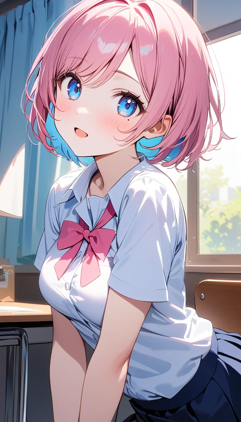 (1 girl),(Best Picture Quality, 8K, Masterpiece:1.3), (high school student:1.5), (pink lob hair:1.1), [skyblue hair:0.1], (bob cut),(swept bangs), (cute eyes, pupil black, iris skyblue, youthful face), (mole under right eye), (standard weight), (medium breasts), (super clear:1.5), (glistening skin:1.1),(pale skin:1.2), breake, ((school uniform, white short simple sleeve shirt, darkblue skirt, pink ribbon)).
