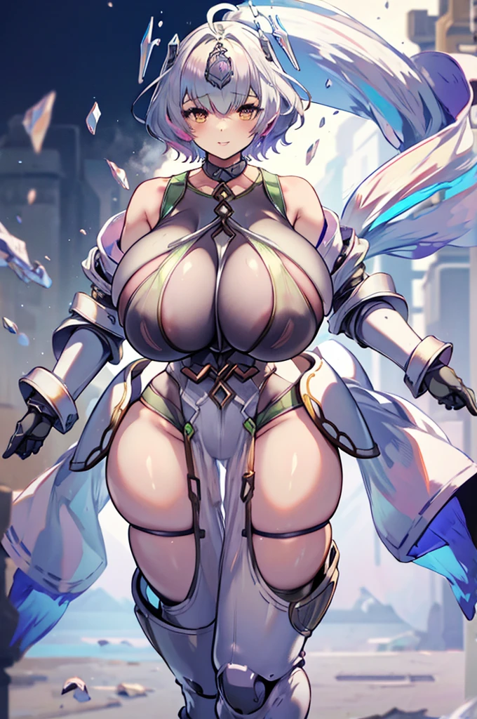 Masterpiece, The best quality, High Resolutions, absurdities, 8k, 4k, Official Art,, , (flat_color:0.9),Large size_old, (huge breasts:2), big breast, voluptuous, front view, thick thighs, Wide hips, warm light, night atmosphere, robusta, front body, light lipstick, SMILE, abdomen, (muscle:1.2), Thick thigh, Wide hips, thick lips, breast, Muy voluptuous, faded hair, massive thighs, focused eyes, huge woman, long hair, silver eyes, look ahead, muscle girl,short hair, mechanical armor, great armor, mechanical armor, mechanical suit, Full armor,