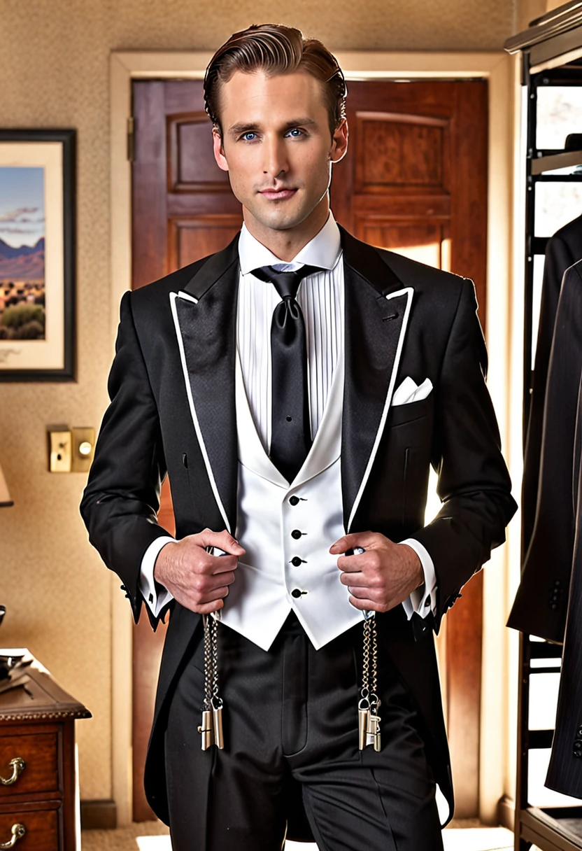 (Cowboy Shot), SFW, (Tabletop), (Highest quality:1.0), (Ultra-high resolution:1.0), Detailed Eyebreaking Ton Rack Lock , suit, formal, Tuxedo, tie, Adjusted Tiebreaker , Nice views