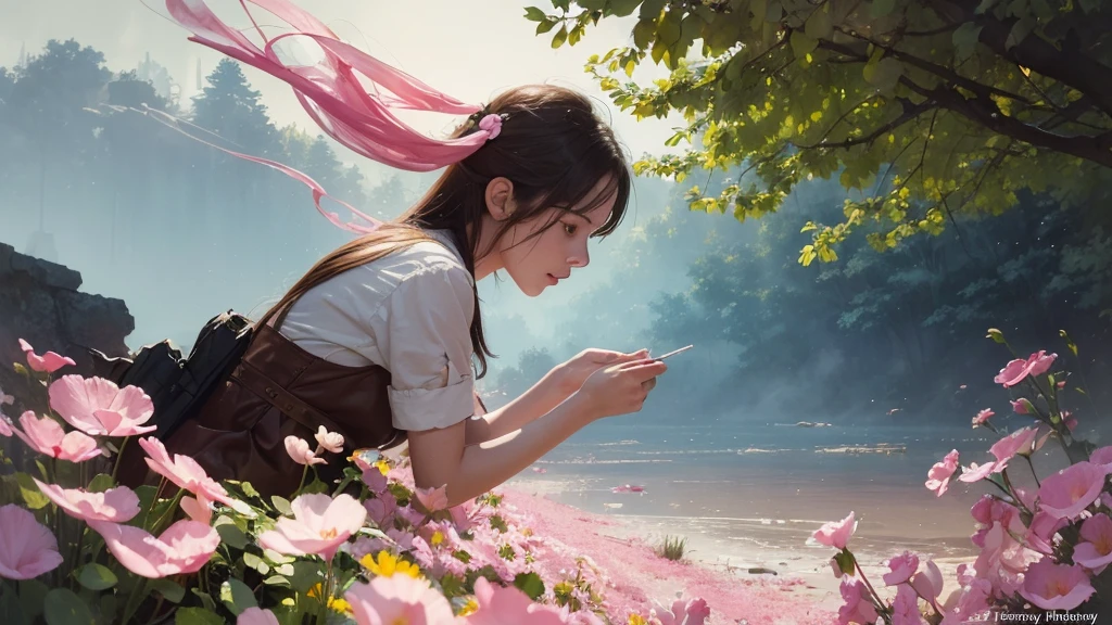 32k, Masterpiece, Highest quality, One girl, Brown Hair, Detailed eyes, flower,sweet pea, Pink and yellow style,A dreamy, romantic piece,Pale yellow, Mysterious Leaves,A playful arrangement,Fantasy,High Contrast,Ink strokes,explosion,Exposure, Impressions of pink and white tones,Abstract,((Watercolours by John Berkey and Jeremy Mann )) Brush strokes,Negative Space, Tyndall effect,