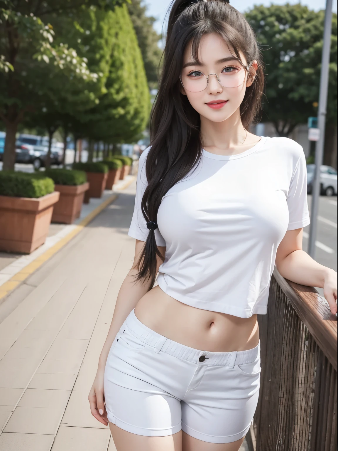 (Best quality, masterpiece, detailed), (RAW, 4k, hd images), 1 girl, 17 years old, white skin, long hair, ponytail, layers hair, bangs, black hair, beautiful girl, cute girl, sweet girl, pretty girl, perfect girl, perfect body, pretty eyes, blue eyes, thin lips, (eye line, lip soft), huge , huge breast, huge tits, glasses(detailed frame), outdoors, smile, thigh, legs, white tshirt, short pant, standing, photo on middle fancing camera, full body