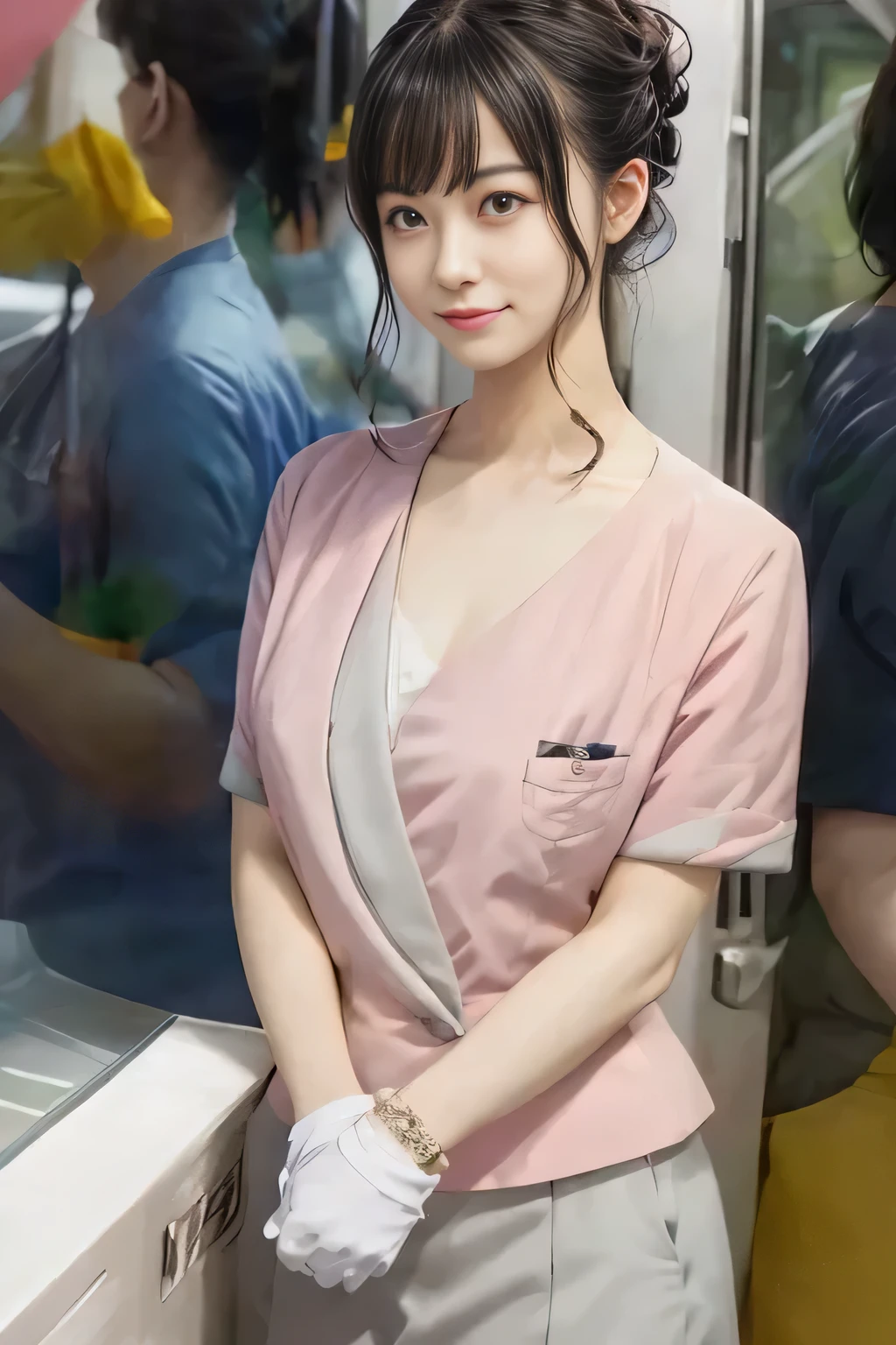 (masterpiece:1.2, Highest quality:1.2), 32k HDR, High resolution, (alone、1 girl)、 (Height: 160cm)、(On the rooftop of a building in the daytime、Professional Lighting)、Building rooftop background、(Nankai train crew uniform pinkを着たリアルスタイル)、(Nankai train crew uniform pink short sleeve collarless pink jacket、Nankai Train Crew Uniform Pink Collarless Short Sleeve Blouse、Nankai Train Crew Uniform Pink Grey Knee-length Culottes)、(The pink jacket is showing from the culottes.)、Dark brown hair、(Hair tied up、Hair tied up、Evening curly hairstyle)、Dark brown hair、Long Shot、Big Breasts、Thin legs、((Great hands:2.0)),((Harmonious body proportions:1.5)),((Normal limbs:2.0)),((Normal finger:2.0)),((Delicate eyes:2.0)),((Normal eyes:2.0)))、smile、(Nankai Train Crew Uniform Pink Grey Knee-length Culottesを見せた美しい歩く姿)、Place your hands around your stomach
