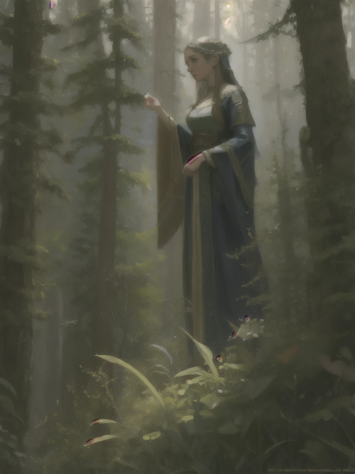 (masterpiece, best quality:1.2), (((oil paint))), 1girl, solo, (masterpiece, ultra quality, high resolution, 8k, intricate: 1.2). female elf, looking at viewer, flowizng cloths and silver amor, the silent forested, mysterious, fantasy art, Donato Giancola, craig mullins, parth, masterful strokes legendary