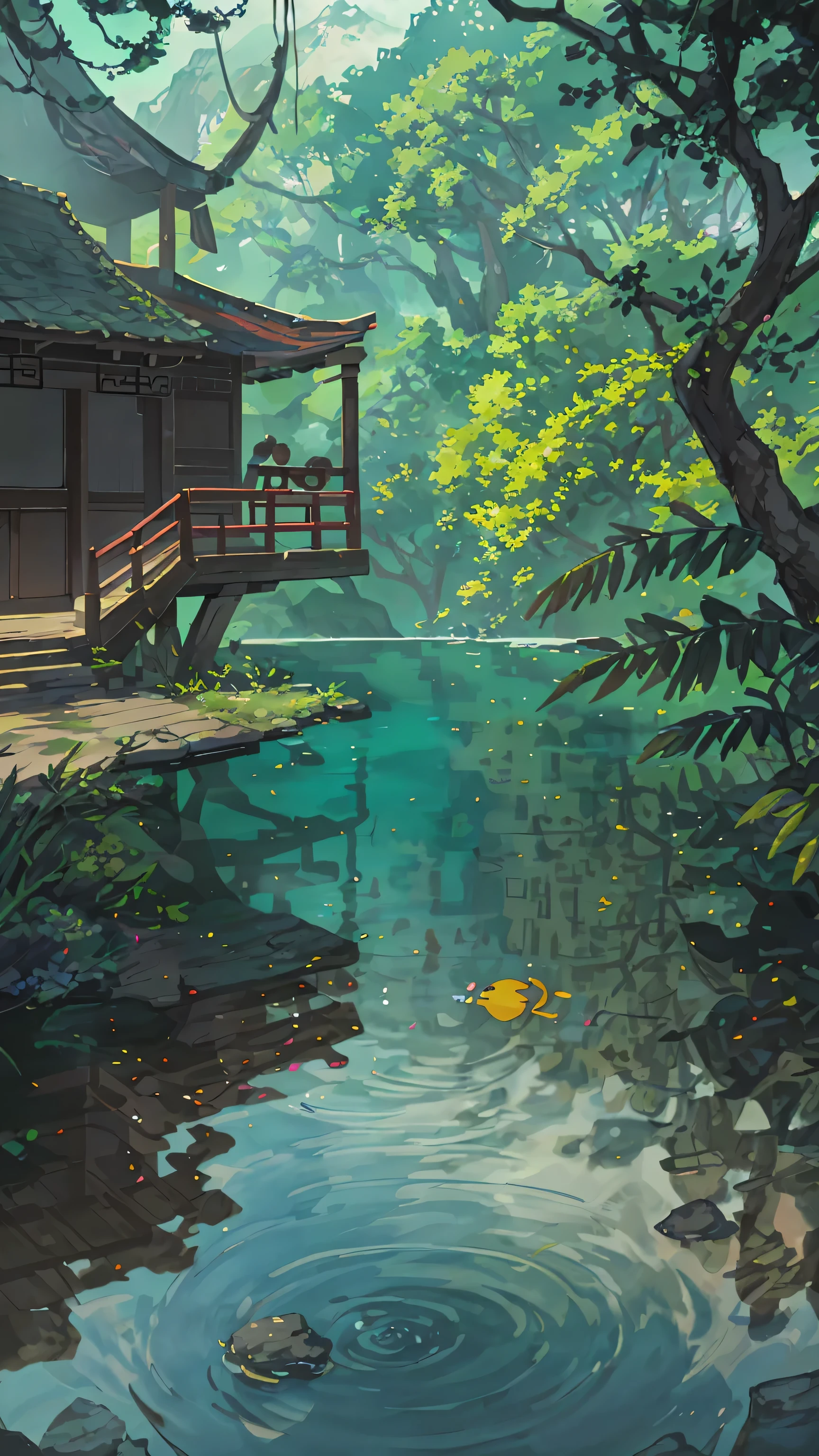 China, spring, jungle, lake, cave, Fall, Tree, grassland, rock, deer, hot spring, water vapor, (illustration: 1.0), Epic Composition, Realistic lighting, High-resolution details, masterpiece, best quality, (Highly detailed CG Unity 8k wallpaper)