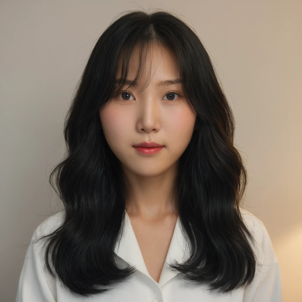 Best Quality, 8k, Masterpiece, (Portrait: 1.3), (photo realistic:1.4), (hyper realistic:1.4), Sharp Focus, looking at viewer, (smoother lighting:1.1), (increase cinematic lighting quality:0.9), realistic lighting, backlighting, light on face, ray trace, (brightening light:1.2), (Increase quality:1.4), sharp detail, (best quality real texture skin:1.4), finely detailed eyes, black_eyes, finely detailed face, Korean woman
