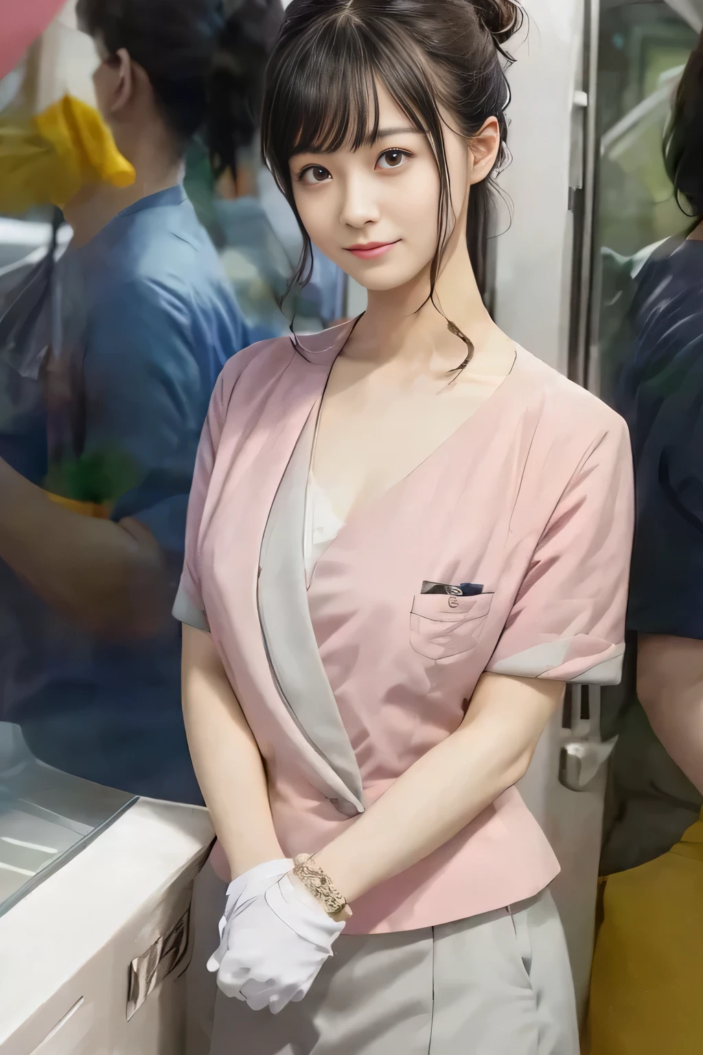 (masterpiece:1.2, Highest quality:1.2), 32k HDR, High resolution, (alone、1 girl)、 (Height: 160cm)、（On the rooftop of a building in the daytime、Professional Lighting）、Building rooftop background、（Nankai train crew uniform pinkを着たリアルスタイル）、（Nankai train crew uniform pink short sleeve collarless pink jacket、Nankai Train Crew Uniform Pink Collarless Short Sleeve Blouse、Nankai Train Crew Uniform Pink Grey Knee-length Culottes）、（The pink jacket is showing from the culottes.）、Dark brown hair、（Hair tied up、Hair tied up、Evening curly hairstyle）、Dark brown hair、Long Shot、Big Breasts、Thin legs、（（Great hands：2.0）），（（Harmonious body proportions：1.5）），（（Normal limbs：2.0）），（（Normal finger：2.0）），（（Delicate eyes：2.0）），（（Normal eyes：2.0））)、smile、（Nankai Train Crew Uniform Pink Grey Knee-length Culottesを見せた美しい歩く姿）、Place your hands around your stomach