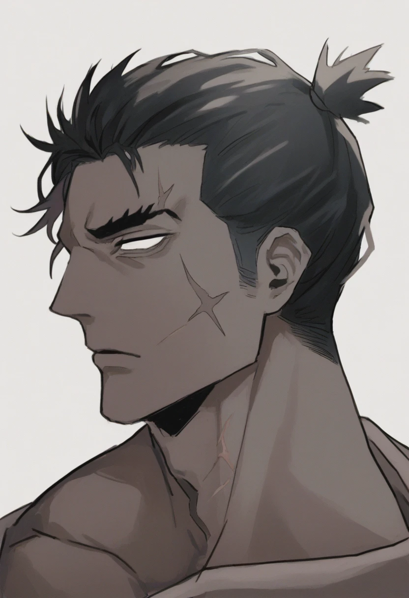肌肉男, thick-skinned, dark gray skin color, dark black skin, shorth hair, perfil, sores and scars, look with empty eyes, cloused mouth, gray lips, Handsome, definitive man chin. bonitas, Handsome, sensuous, gostoso, dark black hair, Blank stare, fully detailed.
