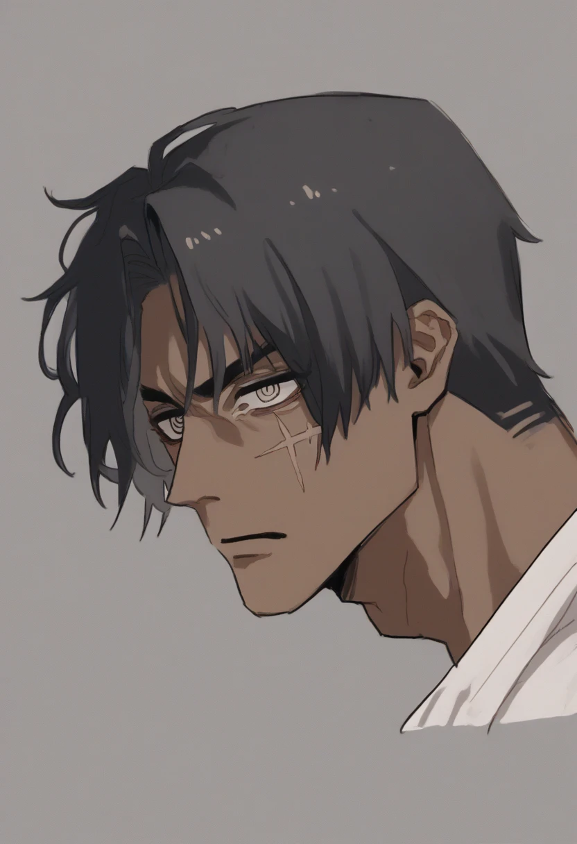 肌肉男, thick-skinned, dark gray skin color, dark black skin, shorth hair, perfil, sores and scars, look with empty eyes, cloused mouth, gray lips, Handsome, definitive man chin. bonitas, Handsome, sensuous, gostoso, dark black hair, Blank stare, fully detailed.