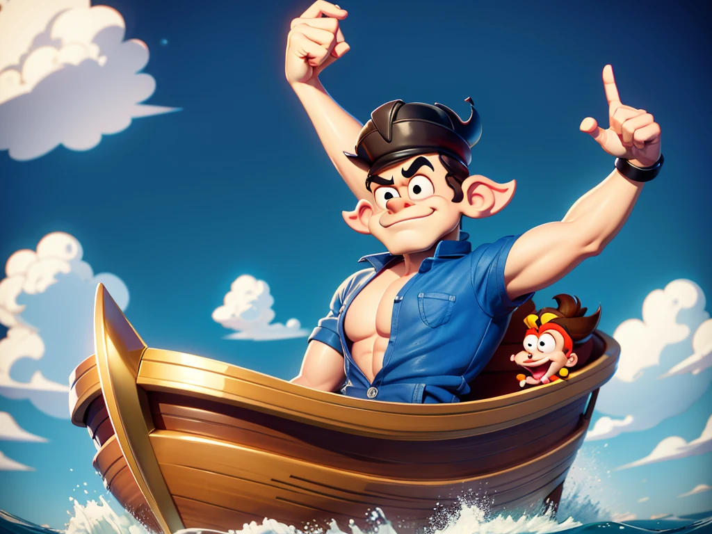 cartoon of a man in a boat with a steering wheel, popeye, max fleischer, cartoon still, cartoon image, by Tex Avery, bob clampett, it is the captain of a crew, steamboat willy, 1 9 6 0 cartoon style, film still from an cartoon, 60's cartoon-glass-helmet, porky pig