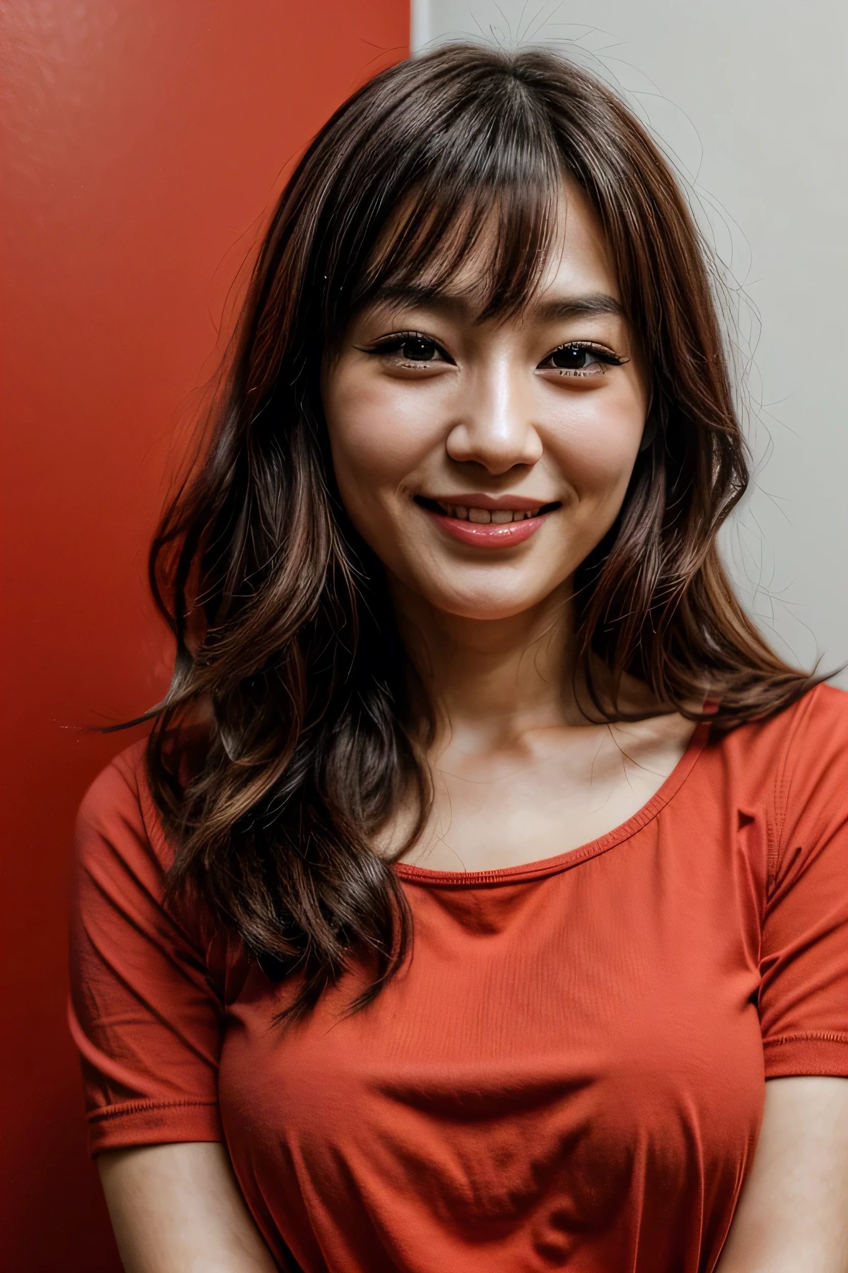 face perfect, beautiful face of a 30 year old Japanese woman, Smiling beautiful, with red background