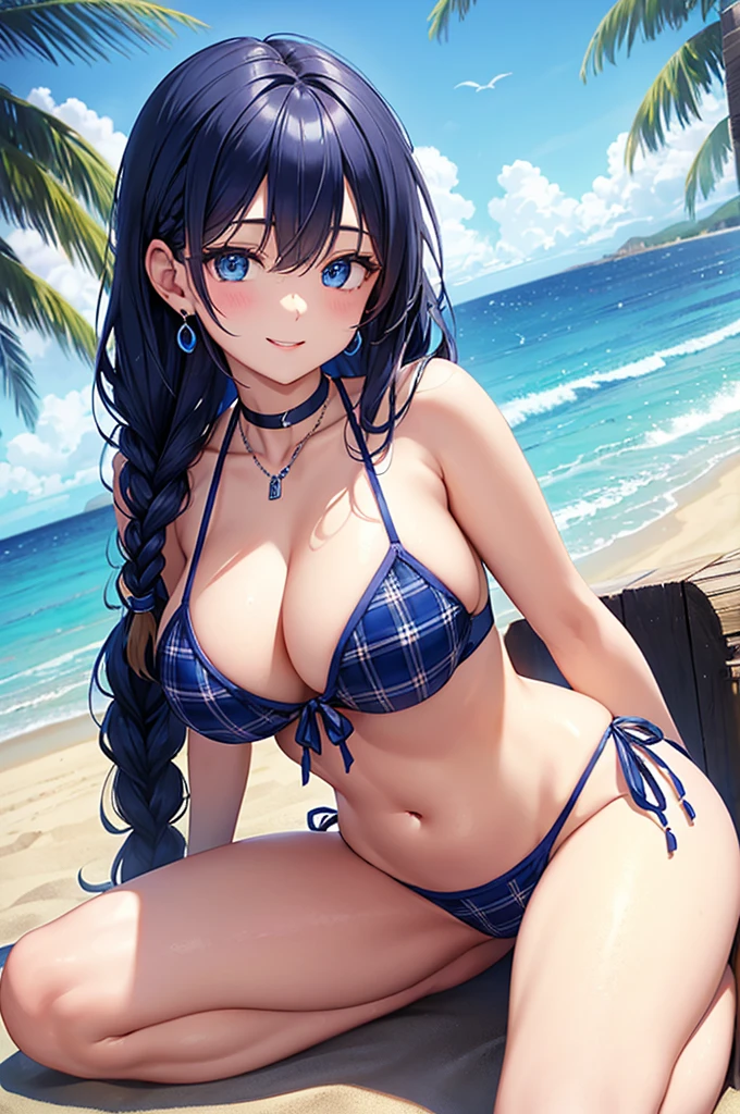 Highest quality、Highest quality、masterpiece、(8K),beauty(Age 25)、Navy blue long hair(Braiding of the sides)、blue eyes、Sexy Bikini(Plaid)、Big cleavage、(Big Breasts)、smile、blue necklace、Blue Earrings、background(Beach)、Please open your mouth wide、bracelet、Arch Pose、Blue choker