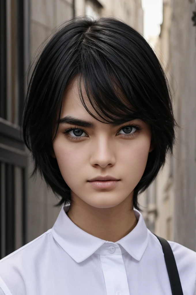 It is a woman with black hair, white skin and fine features that stand out on his face. One of his eyes shows a scar that adds a touch of mystery to his appearance.. His deep, dark eyes reflect determination and strength., giving off a dominant air when seeing her. His style is tomboy style, combining comfortable and practical garments with a touch of rebellion and unique personality.