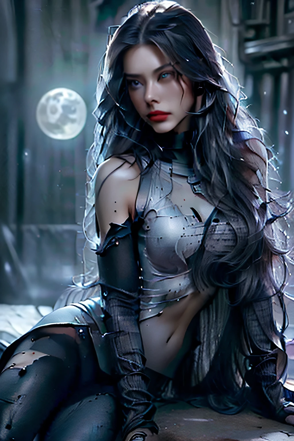 (Sci-fi fantasy), (masterpiece), (Professional Oil Painting) (Highest quality), (8K resolution), (1 beautiful girl), ((Pale grey skin)), (Iron grey skin), ((Jeans Clothes)),(Red jacket)), ((Black t-shirt underneath), ((Red lipstick)), ((Black sneakers)), (Concept Art), Small box, (Long Hair), (Messy Hair), (Black Hair), (Iron-gray hair), ((With futuristic weapons)), (ammunition), ((Moonlight at night)), (Sit down and think))