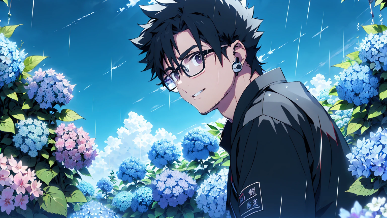 ((Highest quality)), ((masterpiece)), (detailed), Highest quality、High resolution、8K、shirt、One adult male、33 years old、Dark Eyes、Black Hair、rain、The whole body is shown、空を見上げてrainを見つめている、Standing surrounded by hydrangeas、Japanese anime-like style、超High resolutionかわいい萌えアニメ8k、handsome face manly、 Slender and muscular、Wearing headphones、Glasses