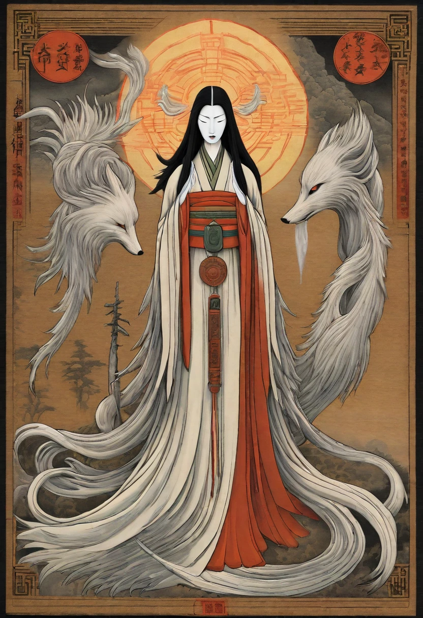 Apparition Nine-Tailed Fox Shrine Maiden's Clothing woman Personification background shrine