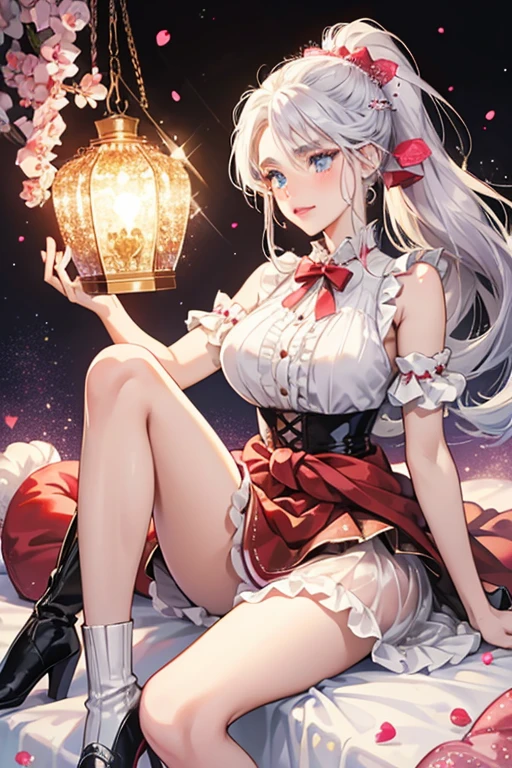 Sleigh Babe has see-through silver hair tied in a high ponytail. She has pink blush, sparkly ocean blue eyes, glossy pink lipstick, pale colored skin, and brown eyebrows. Sleigh Babe also comes with a pearly white chewing gum. She wears white fluffy bracelets, a sparkly red tank top with white frills, a sparkly black bow tied around her waist, a sparkly red skirt with white frills at the bottom, and sparkly black boots with red soles. SPARKLE; GLITTER