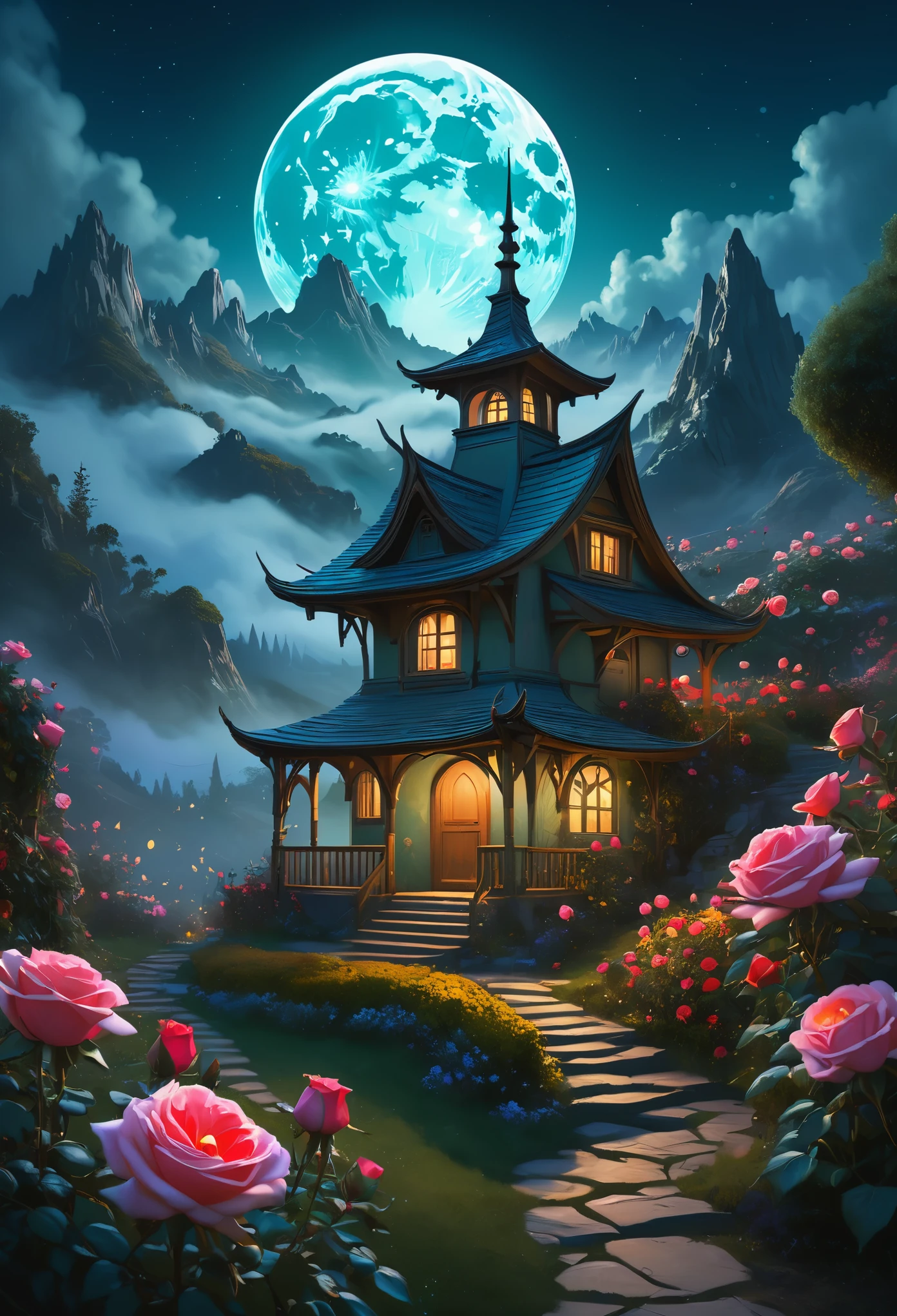 The garden scene in the sky, roses blooming all over the mountains, color magic collision, magic hut standing at random, fantasy, night, complex, sharp focus, dark light, volume fog, moon edge light, illustrations, high detail, digital painting, concept art, matte, the art of wlop and artgem and the art of Greg Rutkowski and Alphonse Mucha, masterpieces, 8K
, (masterpiece, award winning artwork)
Trending on Artstation, many details, extreme detailed, creative,
Wide range of colors, high Dynamic, best quality