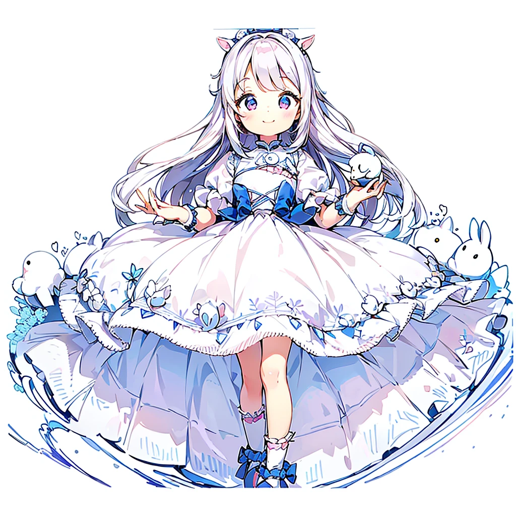 1girl,(((Little、cute、Highest quality、Masterpiece、Official Art、White background、The best composition、Super detailed)))、smile、Heartwarming、Soft and fluffy、pastel colour、whole body、smile、Standing with a stuffed rabbit、ふわふわなLittle、Rubber Mascot、