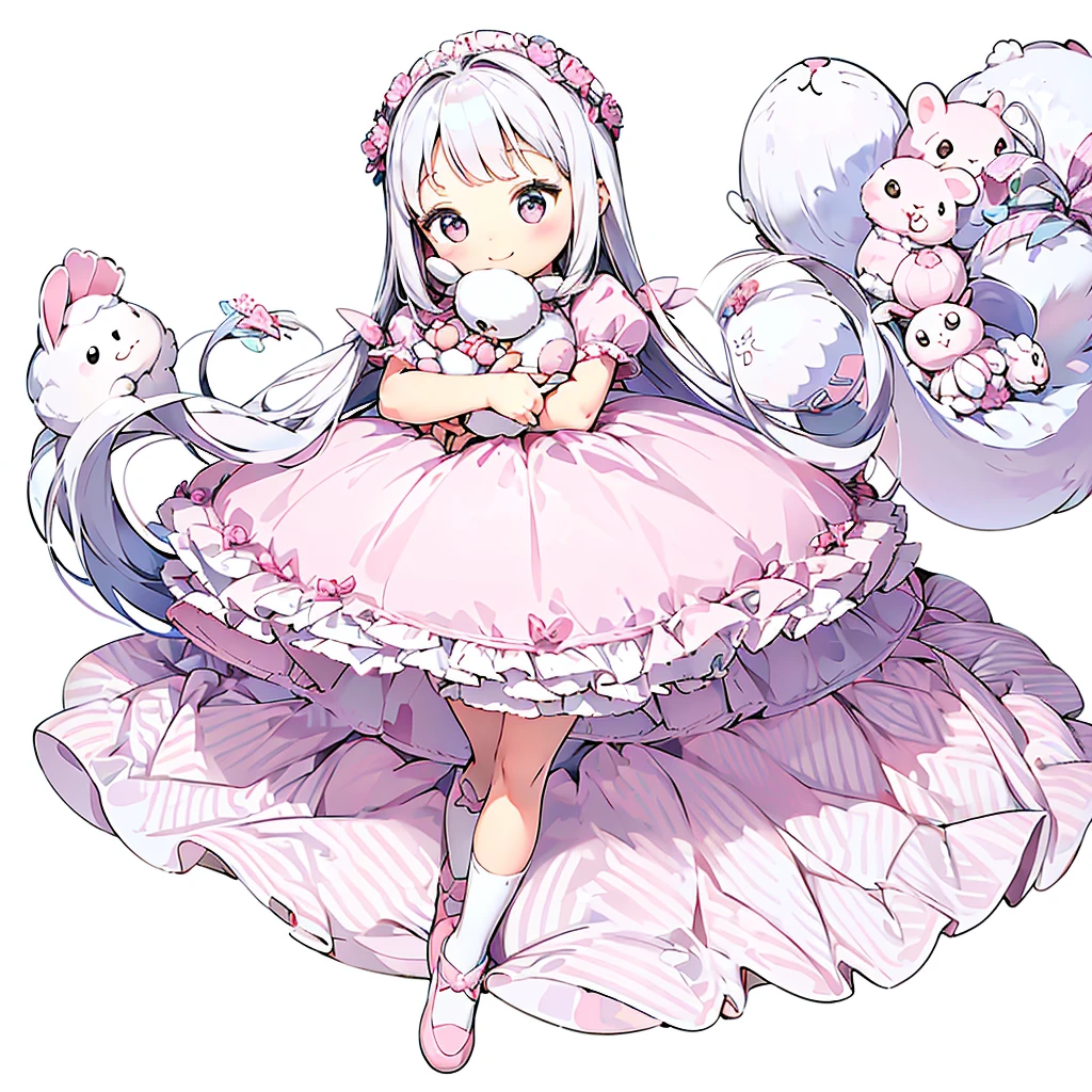 1girl,(((Little、cute、Highest quality、Masterpiece、Official Art、White background、The best composition、Super detailed)))、smile、Heartwarming、Soft and fluffy、pastel colour、whole body、smile、Standing with a stuffed rabbit、ふわふわなLittle、Rubber Mascot、