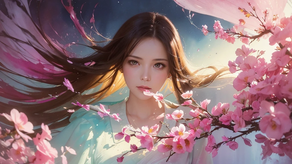 32k, Masterpiece, Highest quality, One girl, Brown Hair, Detailed eyes, flower,sweet pea, Pink and yellow style,A dreamy, romantic piece,Pale yellow, Mysterious Leaves,A playful arrangement,Fantasy,High Contrast,Ink strokes,explosion,Exposure, Impressions of pink and white tones,Abstract,((Watercolours by John Berkey and Jeremy Mann )) Brush strokes,Negative Space, Tyndall effect,
