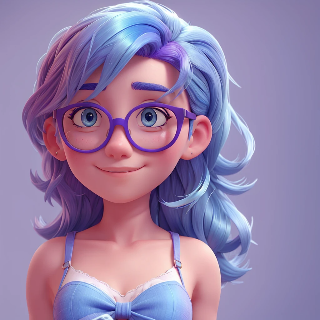 Blue hair, lilac skin and round glasses