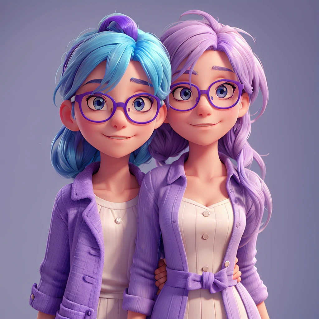 Blue hair, lilac skin and round glasses