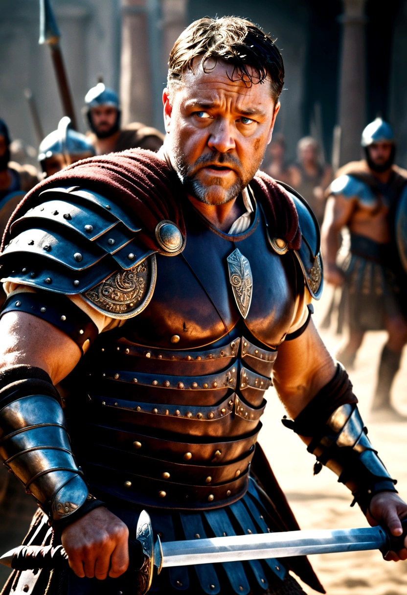 Russell Crowe as the Gladiator, muscular male figure, holding a sword in one hand and a shield in the other, fierce battle stance, fighting against another gladiator, intricate armor, detailed facial features, high contrast lighting, dramatic battle scene, cinematic composition, gritty, realistic, 8k, photorealistic, masterpiece, dramatic lighting, dynamic action pose, intense gaze, powerful, heroic, epic, historical, cinematic, chiaroscuro lighting