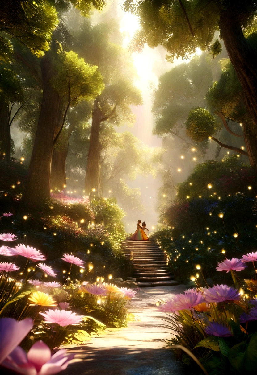 three beautiful bees dancing happily in the forest, animated 3d, colorful, enchanting, whimsical, magical forest, vibrant colors, glowing fireflies, sun rays, lush greenery, detailed petals and leaves, ethereal lighting, dreamlike atmosphere, intricate details, warm tones, vibrant palette, photorealistic, 8k, masterpiece, highly detailed