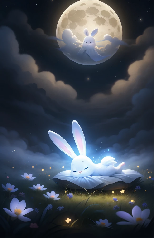 (((Ghost Bunny ))) Cute sky creatures, Bitcoin sleeping in the grass at night, Lie on the coins,, moonlight,Magic in the air,Calm and peaceful atmosphere,Signs of fog in the distance,Great quality,Infinite photorealistic detail