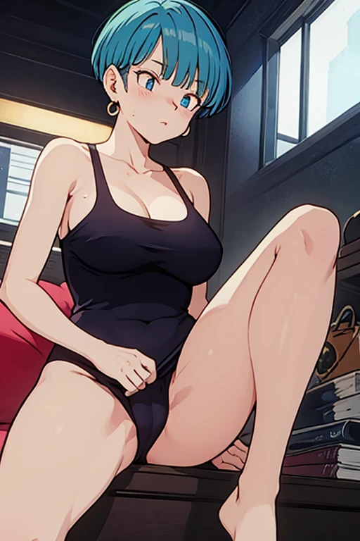 Masterpiece, Best Quality, of the highest quality, (perfect lighting), (photorealistic), perfect anatomy, Perfect face, Perfect eyes, 
 buldbzreddress, aquamarine hair, short hair,  Blue eyes, earrings, She is wearing two pieces of underwear with very sexy straps., big breasts, a very thin waist, a big butt,