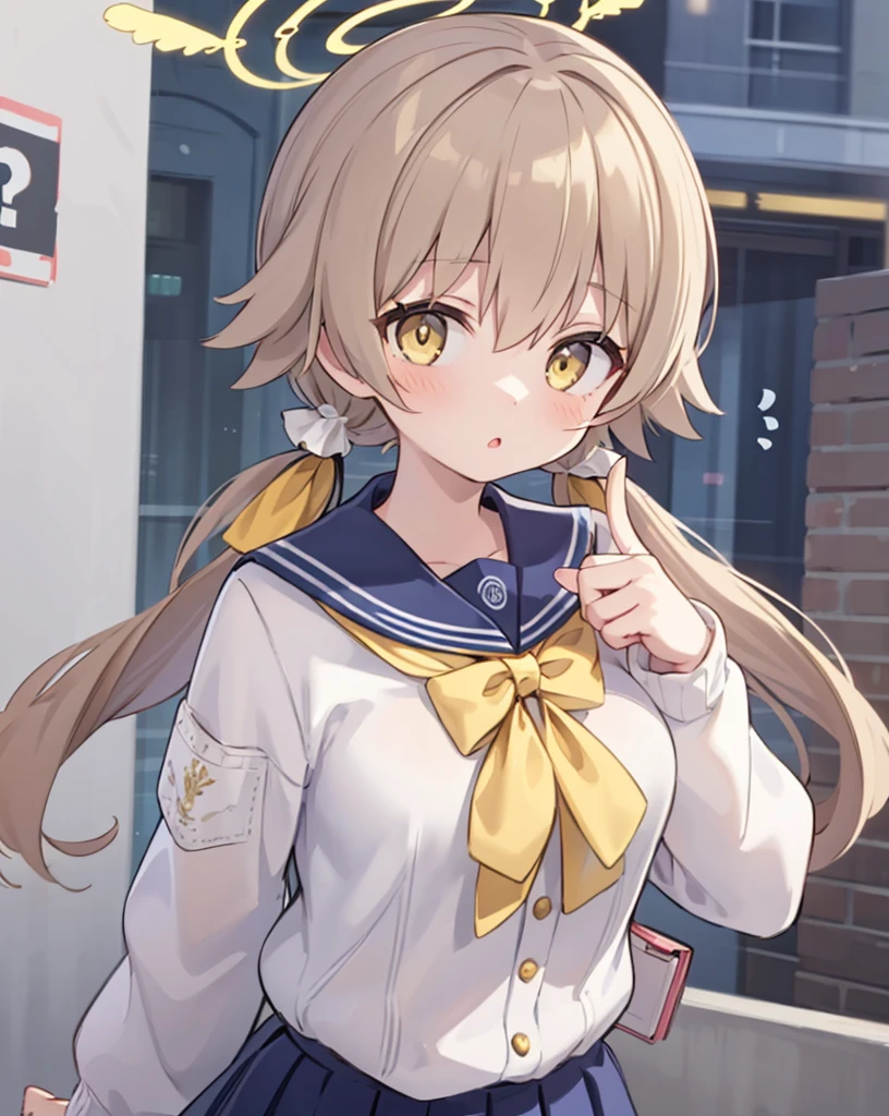 ajitani hifumi
, 1girl
, school uniform, halo, [yellow eyes, long sleeves,  low twintails, light brown hair, black pantyhose:4]
,  :o, (spoken question mark:1.1), closed mouth
, looking at viewer, [medium breasts:(large breasts:0.9):4], solo.
close-up.