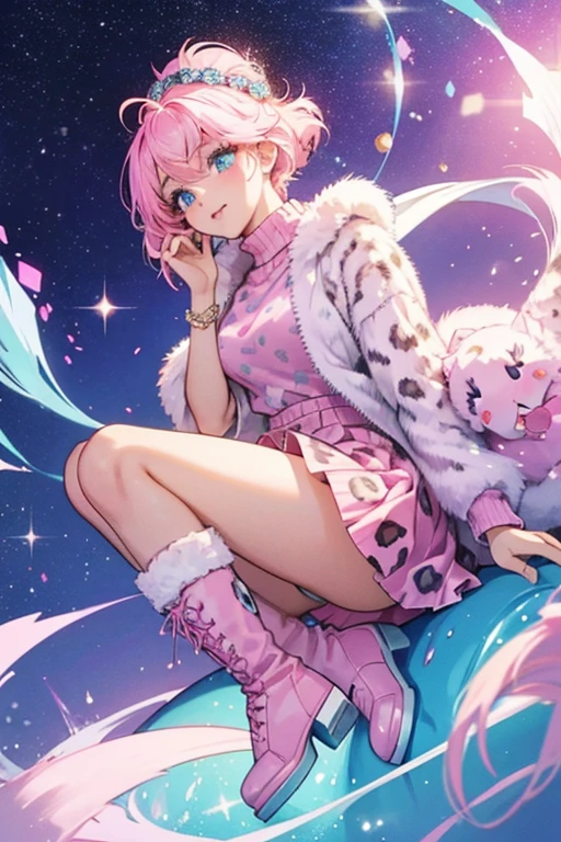 Snow Leopard is a LOL girl with glittery pink hair, light Skin, and blue eyes.
She wears a leopardprint sweater, pink skirt, and blue boots. SPARKLE; GLITTER