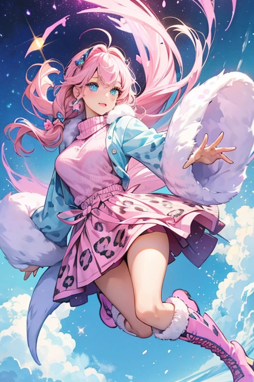 Snow Leopard is a LOL girl with glittery pink hair, light Skin, and blue eyes.
She wears a leopardprint sweater, pink skirt, and blue boots. SPARKLE; GLITTER