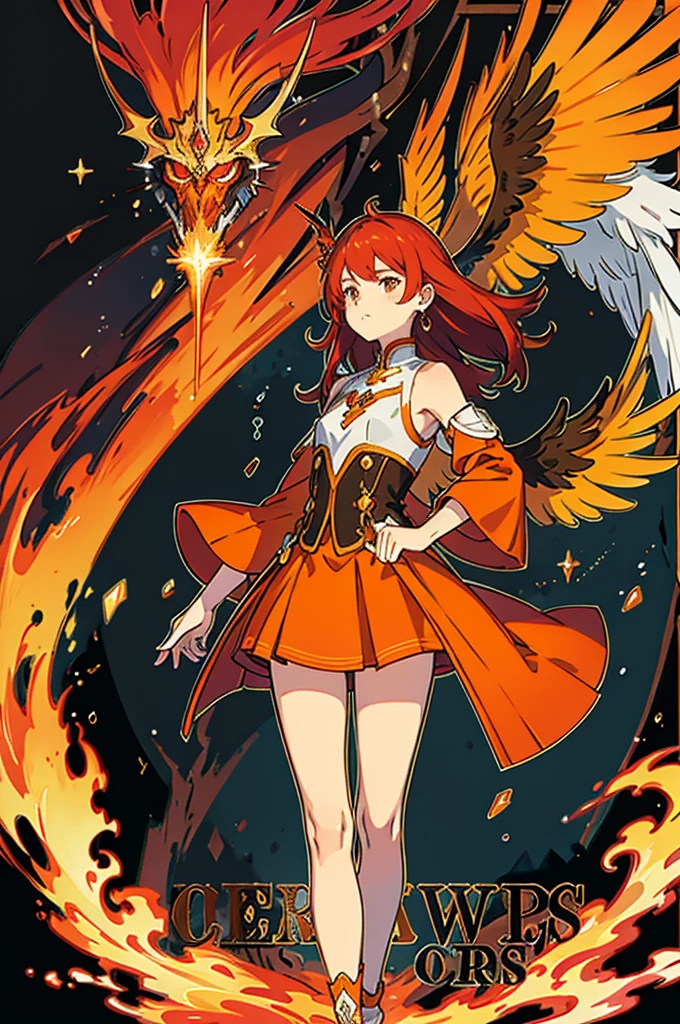 High-quality digital painting of a young man with long brown hair and piercing orange eyes, adorned in mediaval attire, controlling vibrant flames with a pair of enormous crimson wings sprouting from his back, intense and powerful, detailed hair and facial features without facial hair and without fire or accessories on the face looking forward, fiery and majestic, fantasy, vibrant color palette, dramatic lighting