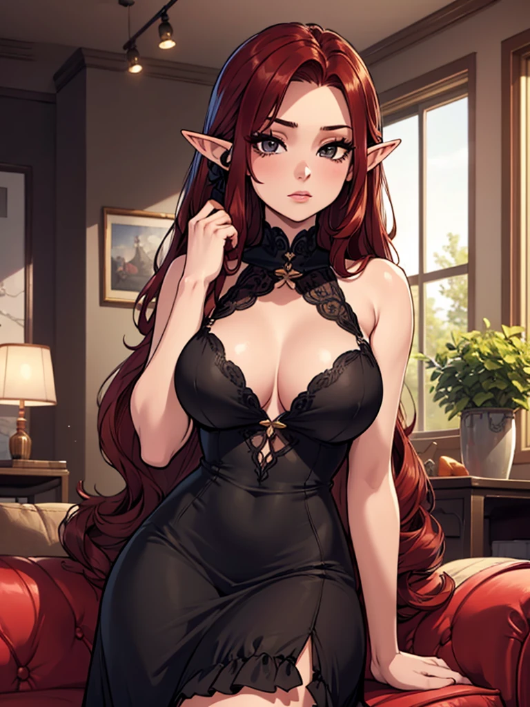 1girl, solo, upper art, dark red hair, very long hair, very curly hair, black eyes, long eyelashes, thick eyelashes, looking at viewer, nonchalant face, black cute dress with ruffles, elf ears, dark home background, livingroom fantasy background, giant breasts