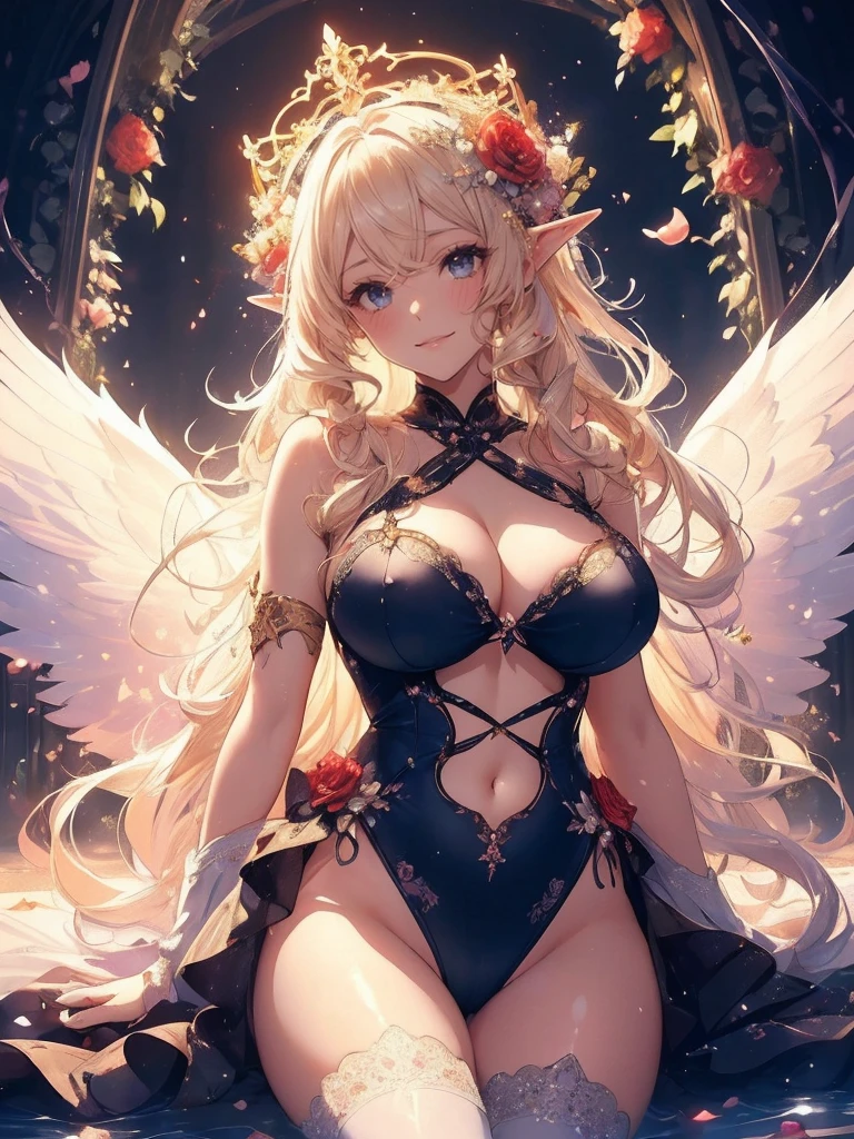 最high quality、1 beautiful woman,Angel ((cowboy shot ))、View from the front、美しい虹Farbeに輝く翼、Big angel wings、Wet、Beautiful groin、detailed groin、、Blushing、親しいsmile、Ecstasy、Beautiful thighs、Filled with roses、Lots of roses、Floral Throne、 Magnificent Fairy Throne、flower fractal fine art、Fill the screen with flowers、Bigger on the screen、Beautiful Eyes、、Fairy tale、Märchen Beautiful Eyes,High-definition depiction, Realistic, 8K, Unity, , light smile, Beautifully and vividly drawn, , Beautiful, beautiful, clear skin、sexly swim suit,比基尼 ,sexly 、Ecstasy、 Raise your arms behind your head, Romanticism,mosquito。 The most beautiful form of chaos, Mr..々Farbe, Intertwined flowers, P article,Magical gentle light,smile,sexy,image quality、masterpiece、Beautiful Face、Super beautiful woman((Big breasted 22 year old office lady、Bust 100,Beautiful long ironed hair、Blonde Hair、height: 165cm。、sexy、Esbian、high quality、、Visual Arts、最high quality、1 woman NP: Worst quality ,Flower fractal art、、Beautiful radiance,High-definition depiction, Realistic, 8K, Unity, , light smile, Beautifully and vividly drawn, , Beautiful, beautiful, clear skin、sexly ((swimwear 比基尼,))Countless rays of light pouring down, Swirling Light, , Raise one arm above your head, Intense light is emitted from the magic flower circle front of the girl. Romanticism,: The most beautiful form of chaos, Mr..々Farbe, Intertwined flowers, Particle,magical gentle light,smile,sexly,image quality、masterpiece、Beautiful Face、Super beautiful elf woman((Big breasted ,Beautiful 、sexly、Esbian、、high quality、Visual art、Written boundary depth、、elf Ears、、universe、Happy smile、、、elegant、ticker beautiful decorative、、magic、、Beautiful bed、A kind smile、wonderful、Fluttering petals、、Cultivate fantasy、、Mystery light Lots of flowers、、art、art,mystery,Ultra-high resolution,atmosphere 最high quality、