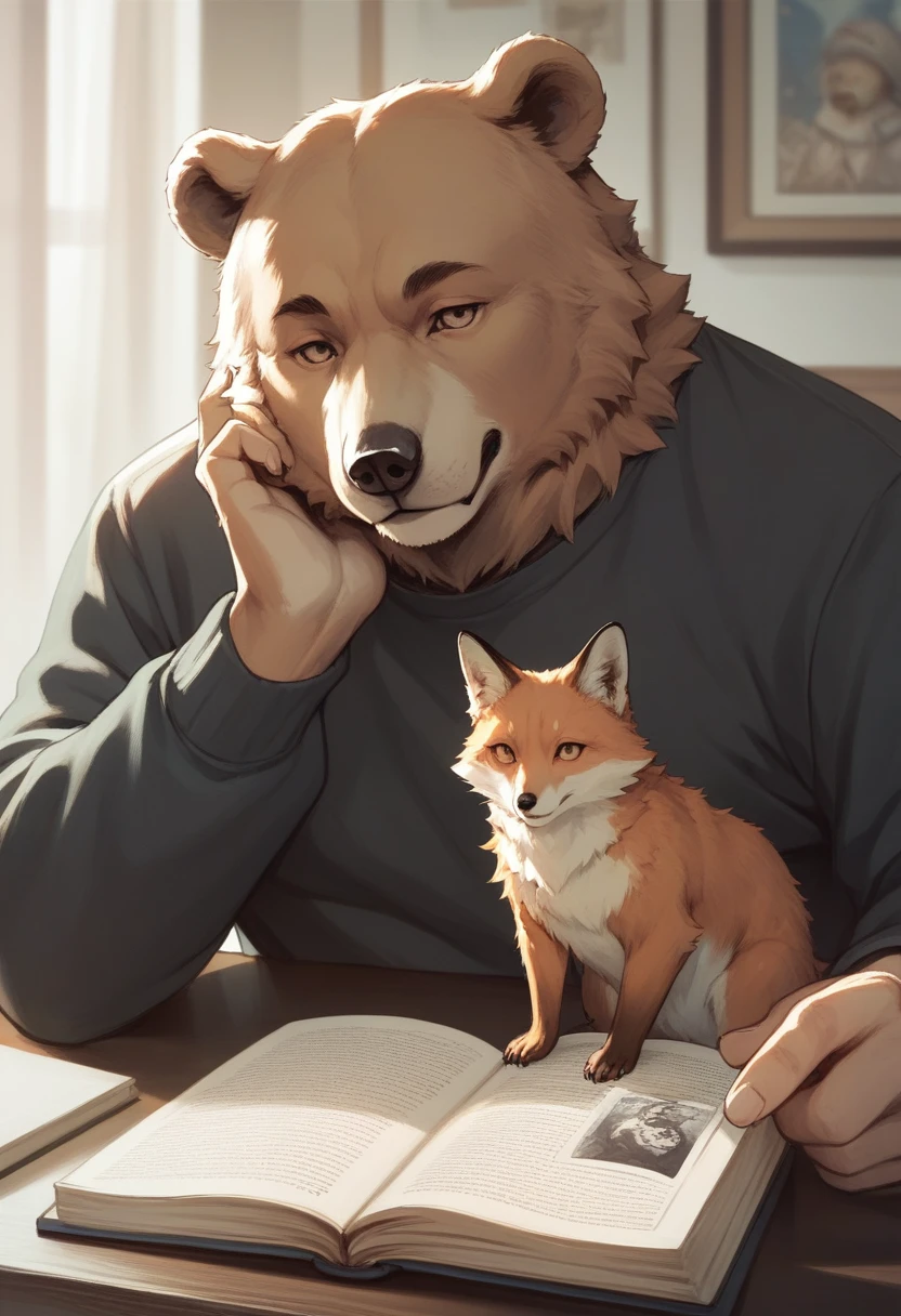 score_9, score_8_up, score_7_up, score_6_up, score_5_up, score_4_up, source_anime, pop illustrations, bear, fox and girl, Finnish picture book style, gentle, warm and soft atmosphere effect, 2.5D