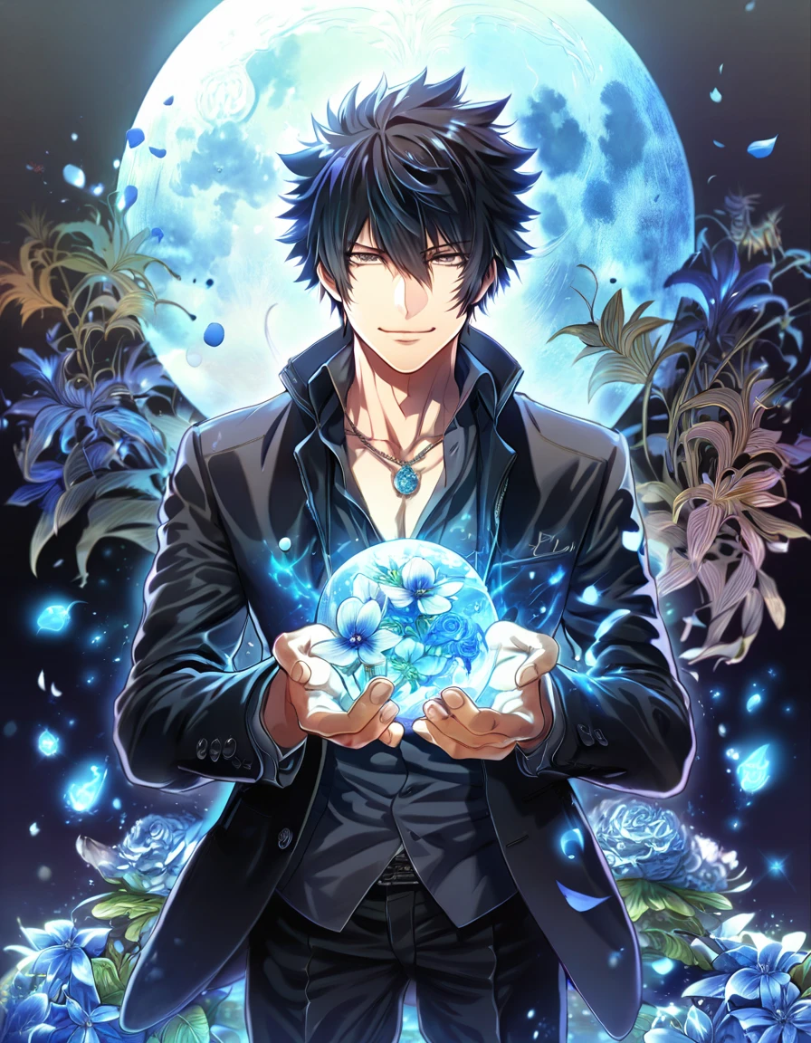 absurdres, highres, ultra detailed, HDR, master piece, Kougami Shinya, black hair, expressive grey eyes, black shirt, black jacket, Psycho Pass, sexy man, handsome, best quality, blue moon, flowers, fantasy, magical, solo, water, blue shining fireflies, blue petals, handsome smile, black pants