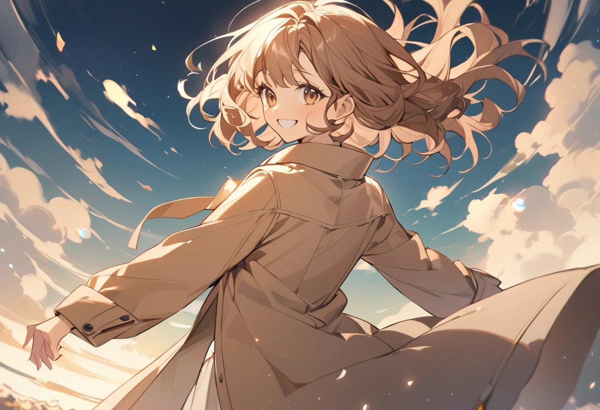 A girl with brown, wavy bob hair wearing a dark beige coat。Run smile whole body