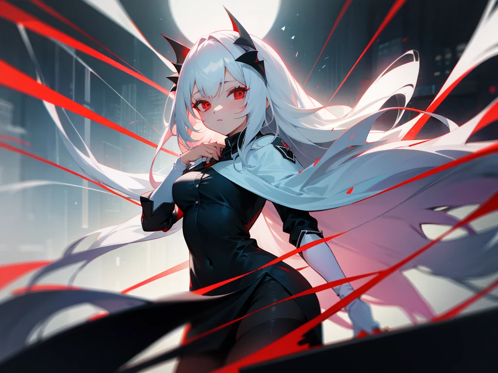 1girl, long white hair, red eyes, wearing simple white and black dress, black tights, big , historical city, absurdres, high res, ultrasharp, 8K, masterpiece, looking at viewer