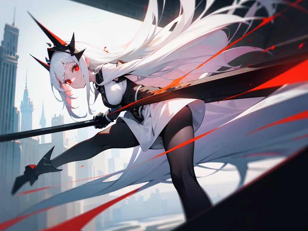 1girl, long white hair, red eyes, wearing simple white and black dress, black tights, big , historical city, absurdres, high res, ultrasharp, 8K, masterpiece, looking at viewer