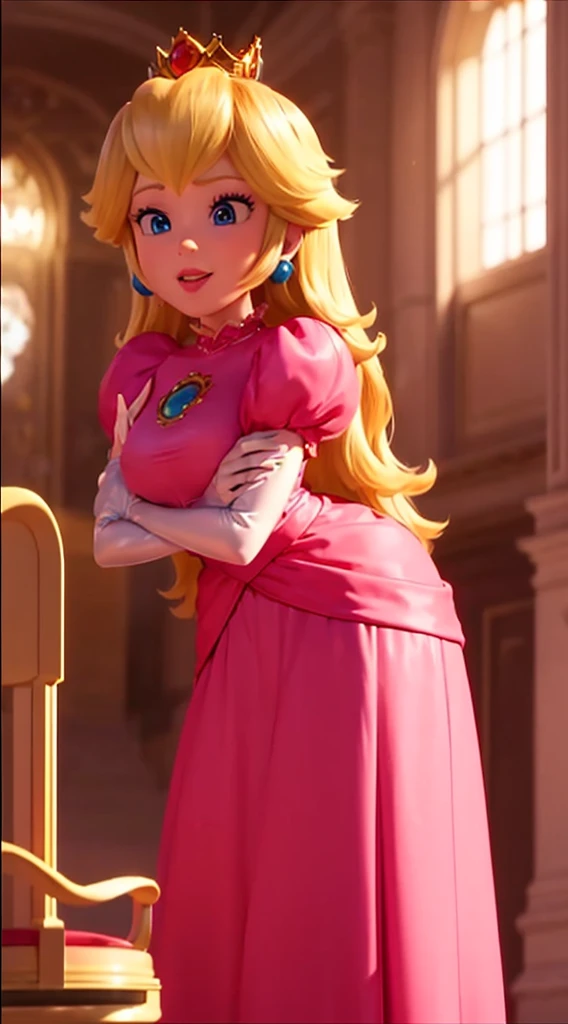 (beautiful  princess peach, over 6 feet tall, wearing a golden crown, long blonde hair, large alluring chest, decolletage, leaning forward, close-up shot from below, gentle smile, compassionate expression, topless, naked, inside a castle setting, best quality, 4k, 8k, highres, masterpiece, ultra-detailed, realistic, photorealistic, HDR, UHD, studio lighting, ultra-fine painting, sharp focus, physically-based rendering, extreme detail description, professional, vivid colors, bokeh)