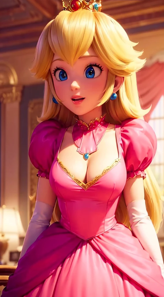 (beautiful princess peach, over 6 feet tall, wearing a golden crown, long blonde hair, large alluring chest, decolletage, leaning forward, close-up shot from below, gentle smile, compassionate expression, topless, naked, inside a castle setting, best quality, 4k, 8k, highres, masterpiece, ultra-detailed, realistic, photorealistic, HDR, UHD, studio lighting, ultra-fine painting, sharp focus, physically-based rendering, extreme detail description, professional, vivid colors, bokeh)